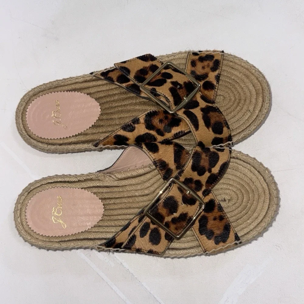 J. Crew Calf Hair Leopard Animal Print Flat Slide Espadrille Sandals Women's 9.5